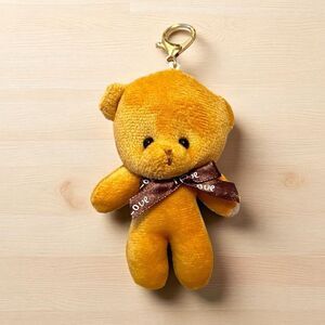 Cute Plush Dark Tan Bear With Brown Bow Keychain